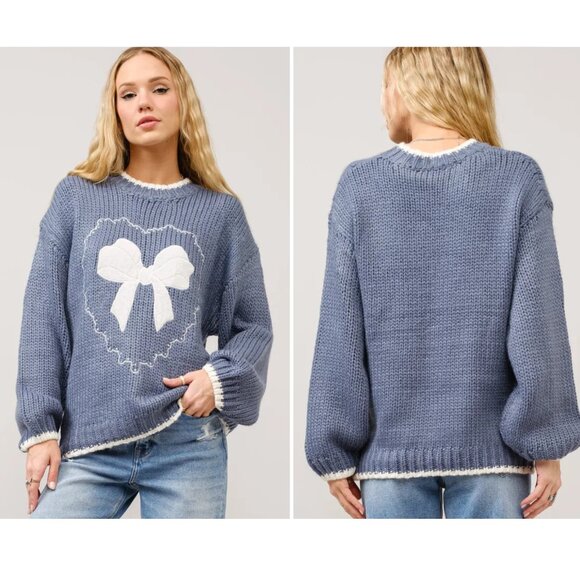 blue b. Sweaters - Blue B. Bow Heart Embroidered Blue Acrylic Chunky Knit Sweater 37313
